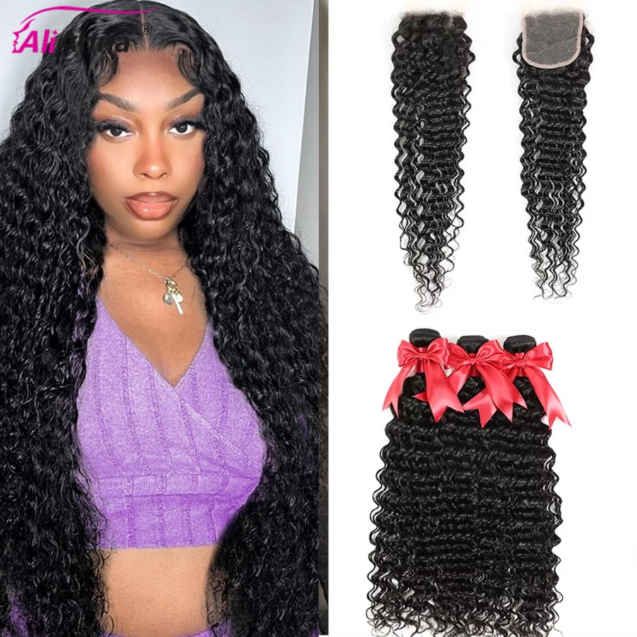 Deep Wave 3 Bundles With Closure - حزم موجة عميقة مع إغلاق 4x4